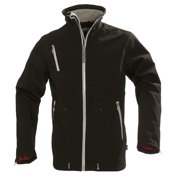 A black soft shell jacket with grey lining, featuring zippered pockets and a logo on the chest.