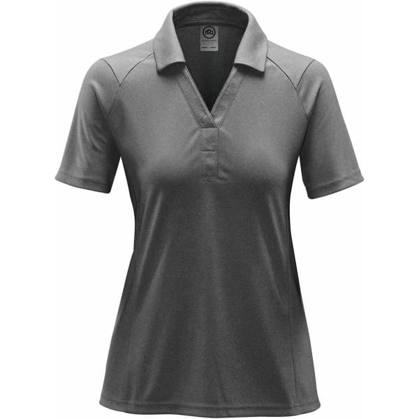 A women's polo shirt in a dark grey colour with a classic collar and short sleeves. It features a logo on the shirt.
