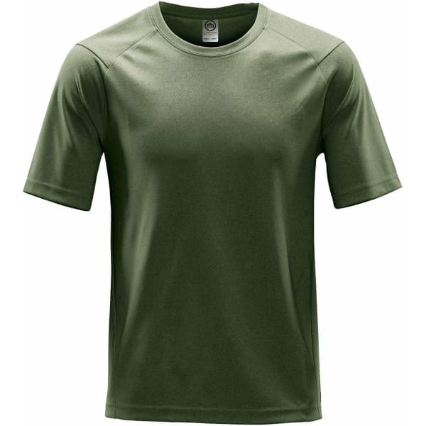 A green heathered t-shirt with short sleeves and a crew neck, featuring a small logo on the label.