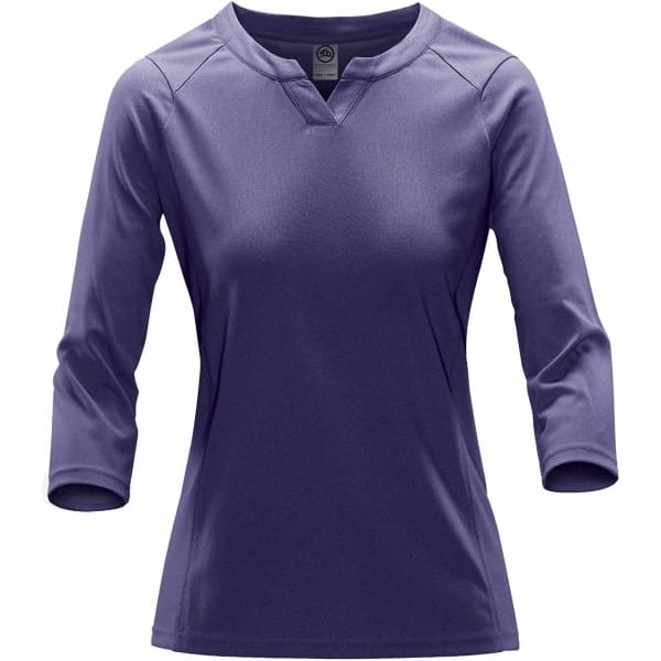 A purple women's Mistral Heathered Tee with three-quarter sleeves, featuring a logo on the neckline.