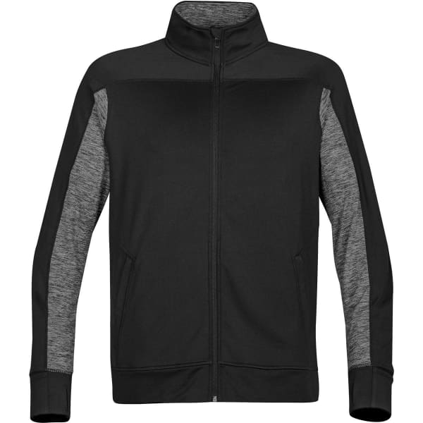 A black full zip shell jacket featuring grey accents and a high collar. It has a logo on the chest.