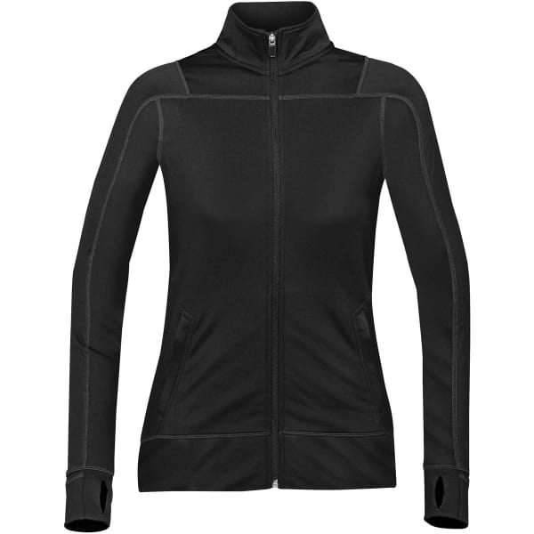 A black women's soft shell jacket with a full zip and fitted design, featuring a logo on the arm.
