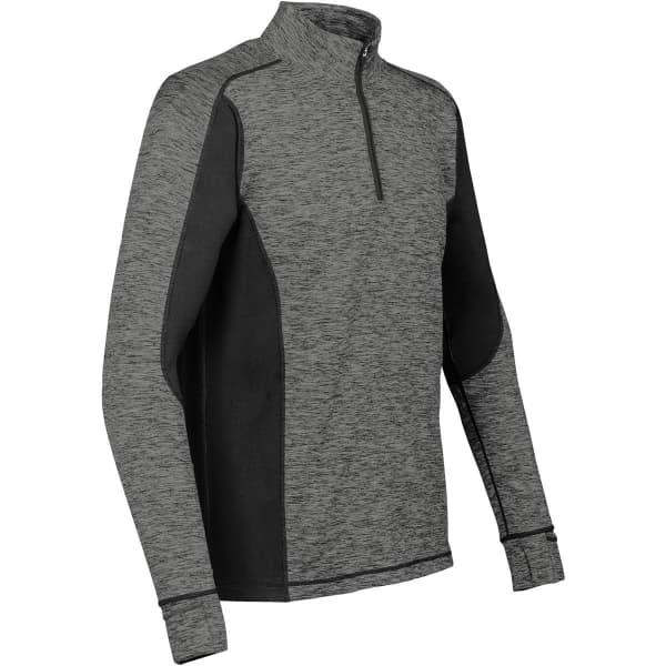 A grey and black men's quarter-zip jacket with long sleeves and a logo on the chest.