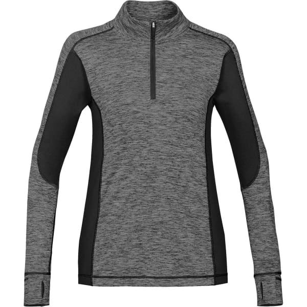 A women's jumper in grey with black accents, featuring a 1/4 zip and long sleeves. It has a logo on the chest.