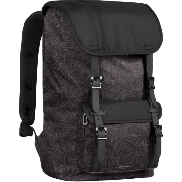 A black patterned backpack featuring adjustable straps and a flap closure, equipped with a logo at the front.