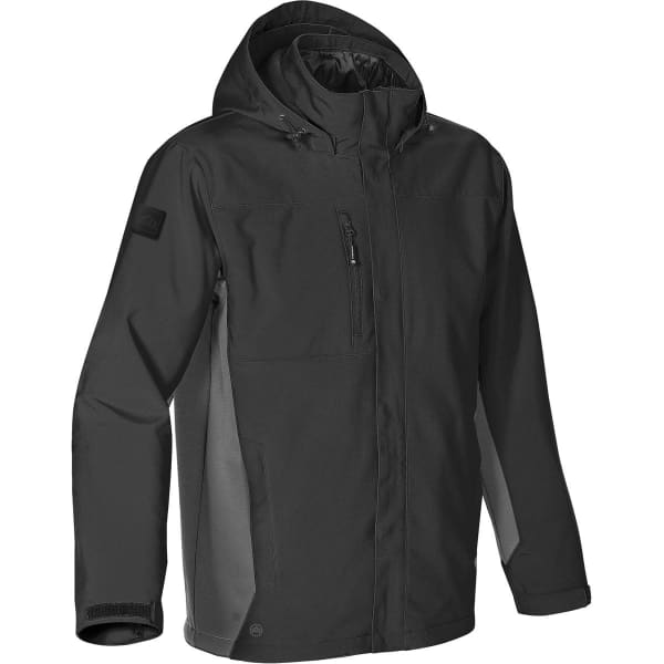 A black jacket with a hood, featuring a zippered pocket and a logo on the sleeve.