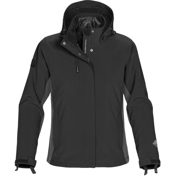 A black 3-in-1 system jacket with a hood, featuring a zippered pocket and a logo on the sleeve.