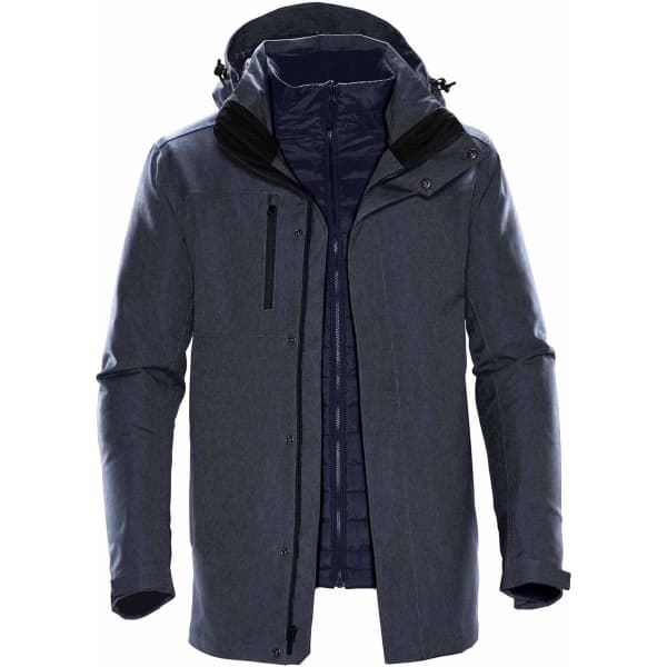 A soft shell jacket in dark grey with a hood, featuring a zip front and multiple pockets. Contains a logo.