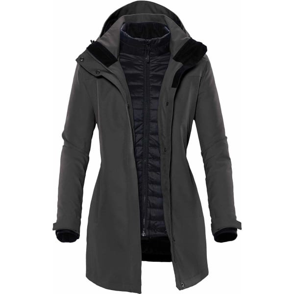 A soft shell jacket in dark grey with a hood and a zippered front. Features an inner layer for added warmth.
