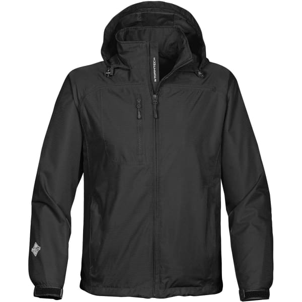 A black lightweight rain jacket with a hood, featuring zip pockets and a small logo on the sleeve.