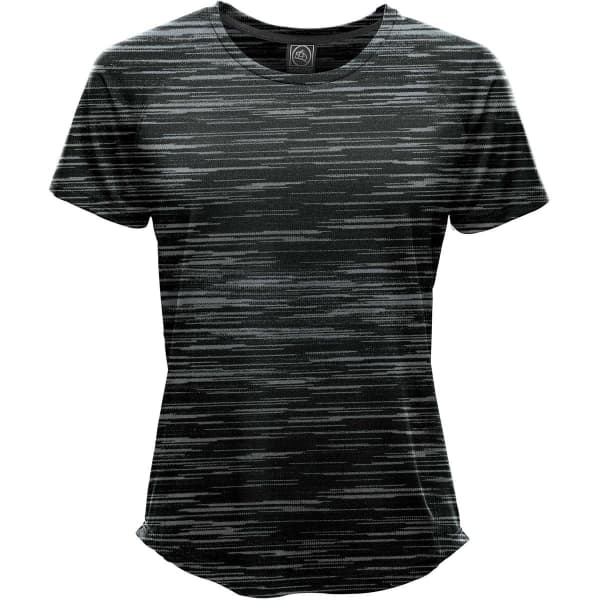 A women's T-shirt in shades of dark green with a textured, striped pattern and a logo on the neckline.