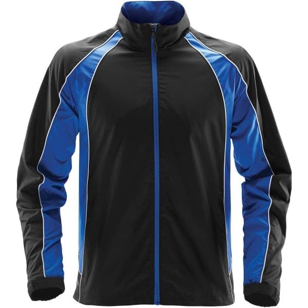 A men's training jacket featuring a black body with blue accents and a zippered front. It has a logo on the chest.