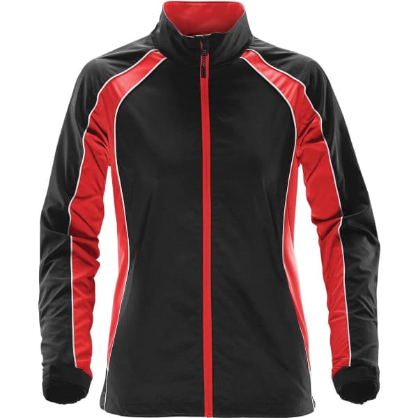 A Women's Warrior Training Jacket in black with red accents, featuring a full zip and a high collar. Includes a logo.