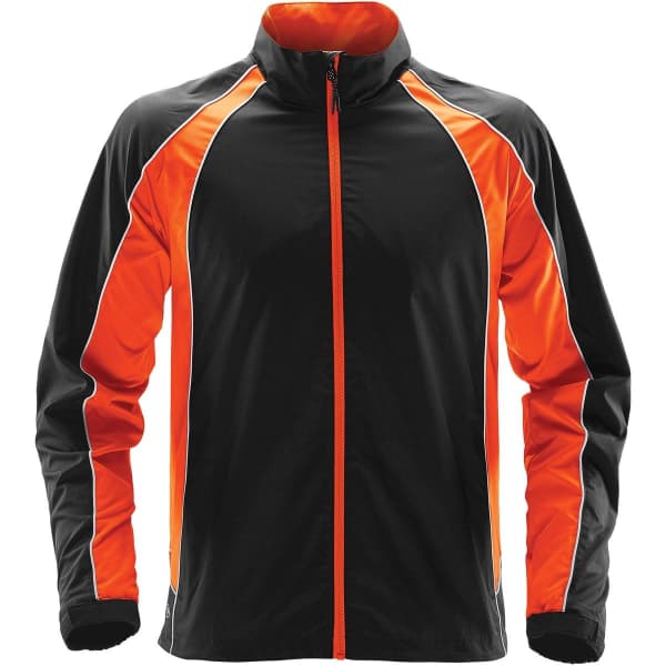A black jacket with orange accents and a zip front design. It features a logo on the front.