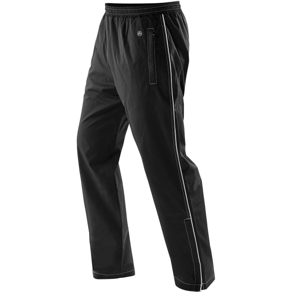 A pair of black track pants with white piping, featuring a side pocket and a logo.