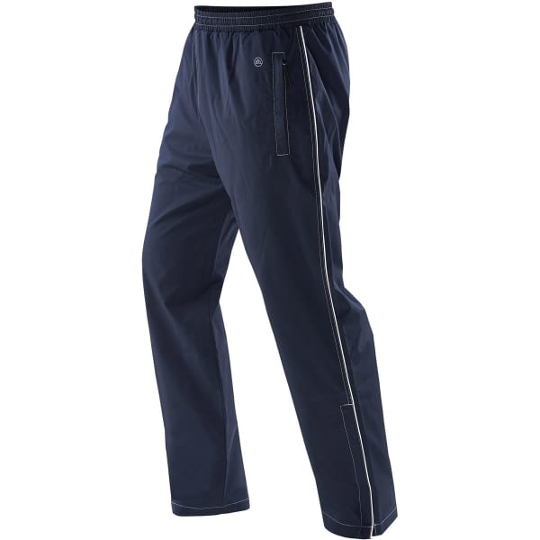 Navy track pants featuring side zip pockets and a logo, designed for youth training and activity.