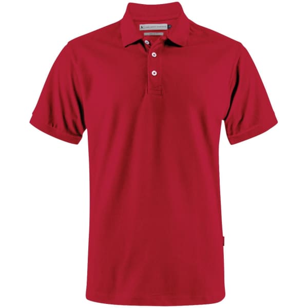 A red polo shirt featuring a collar, three buttons, and a small logo on the side.