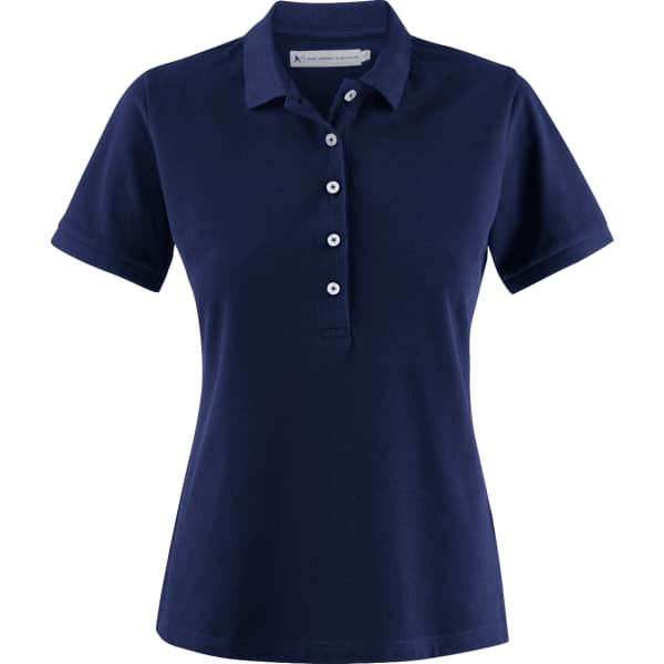 A navy blue polo shirt for women featuring a short sleeve design and a button-up front with a small collar.