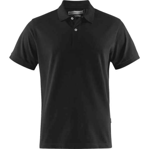A black polo shirt featuring a collar, short sleeves, and a logo on the side.