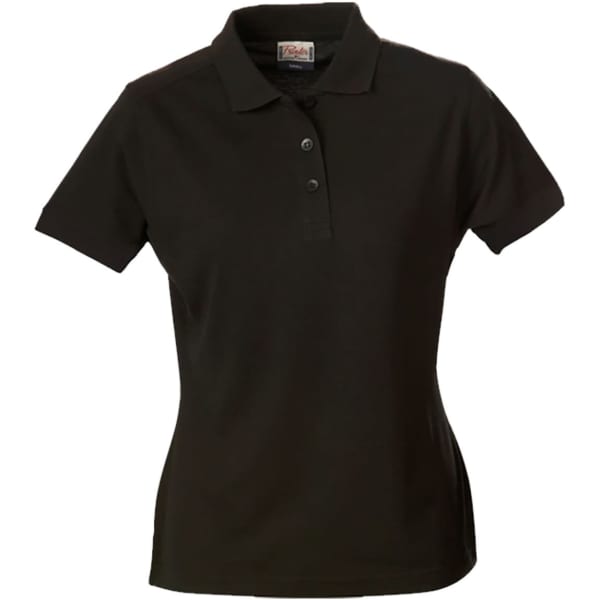 A black polo shirt with a collar, featuring three buttons and a fitted design, also has a logo on the chest.