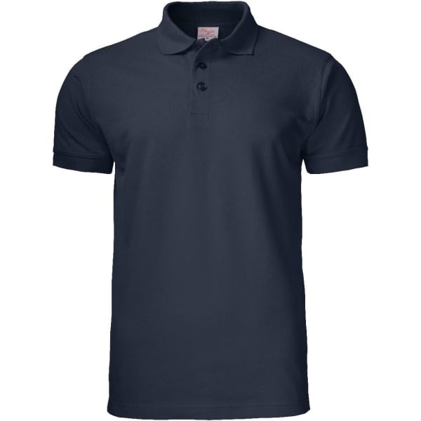 A navy blue men's polo shirt featuring a classic collar and buttoned placket, with a logo present.
