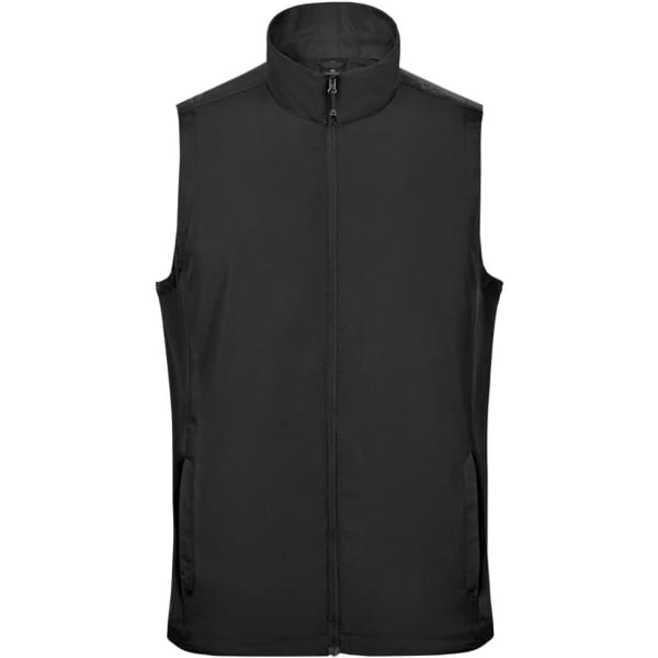 A black lightweight vest with a high collar and zip front, featuring side pockets and a logo.