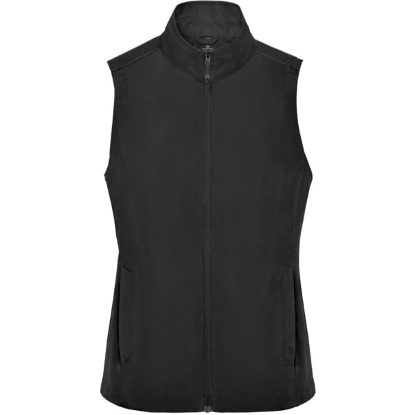 A black women's lightweight vest with a zip front and no sleeves, featuring side pockets and a collar.