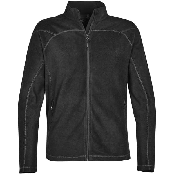 A black polar fleece jacket featuring a full zip, two side pockets, and a subtle logo.