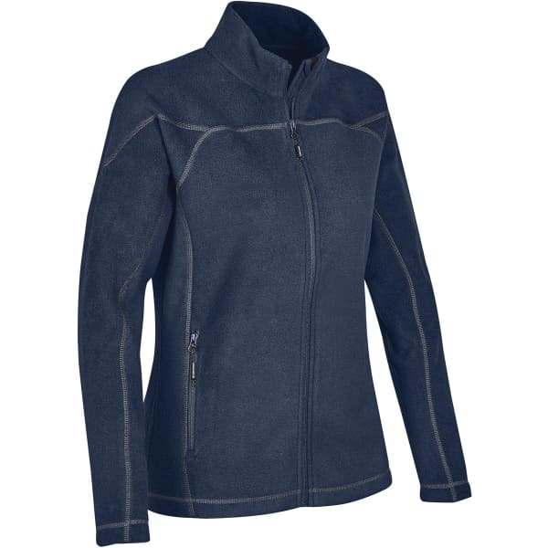 A women's navy fleece shell jacket with a zip front and side pockets. Features contrasting stitching and a collar.