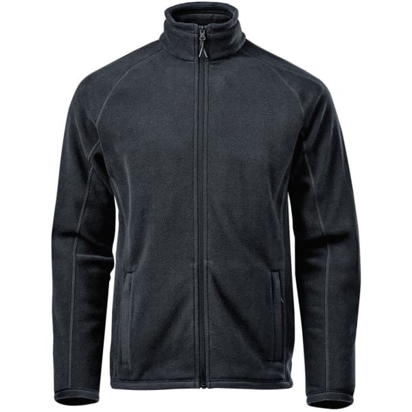 A men's polar fleece jacket in dark grey with a zip front and two side pockets. It has a collar and a subtle logo.