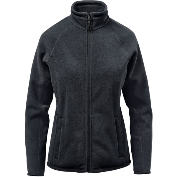 A women's polar fleece jacket in dark grey with a high collar and zip front, featuring two side pockets and a logo.