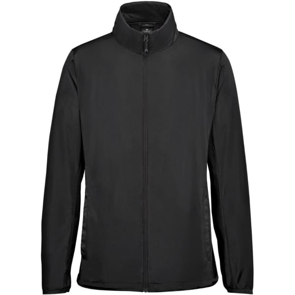 A black lightweight shell jacket with a high collar and full zip front. It features a logo.