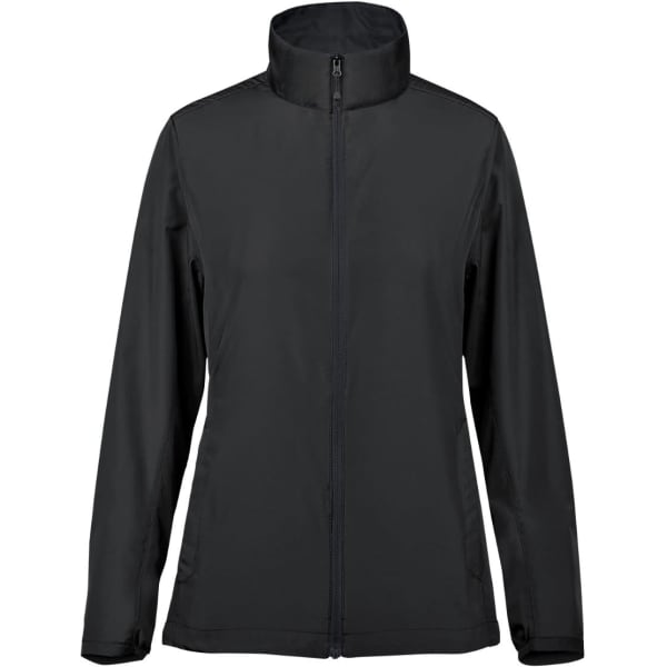 A women's lightweight shell jacket in black with a high collar and zip front. It features a logo on the front.