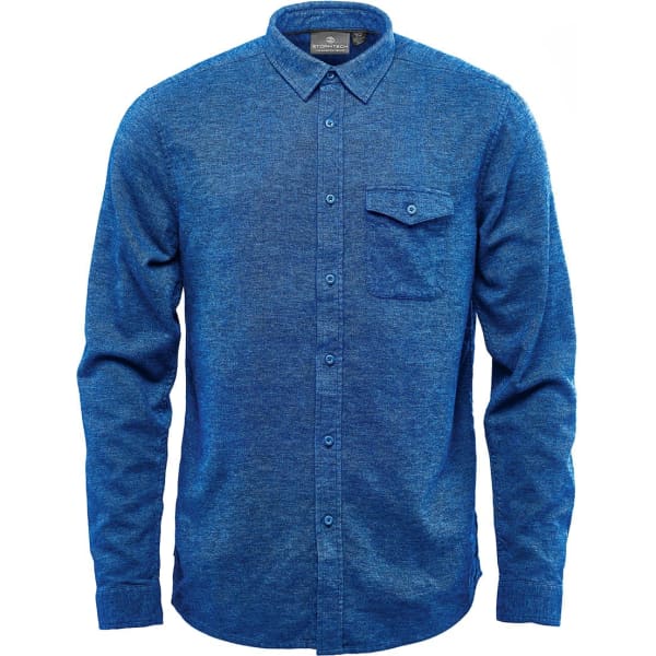 A blue long sleeve button-up twill shirt with a single chest pocket and a collar. It features a logo.