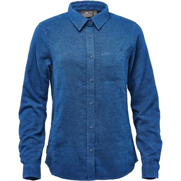 A blue long sleeve twill shirt with a button-up front and a chest pocket, featuring a logo.
