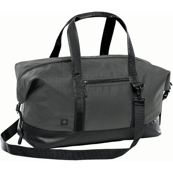 A black duffle bag with dual handles and a shoulder strap, featuring zippered pockets and a logo.