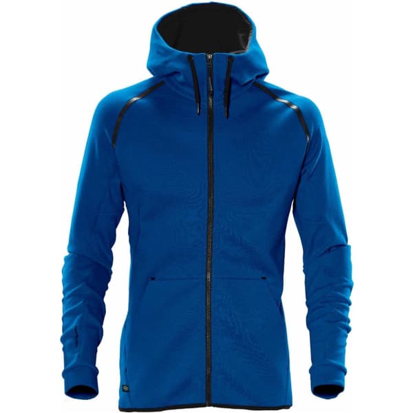 A blue men's hoody with a zip front, featuring a hood and sleek design elements. It includes a logo on the garment.