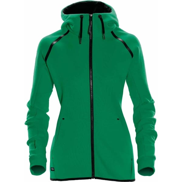 A green women's hoodie featuring a zip-up front and a hood, with black accents and branding.