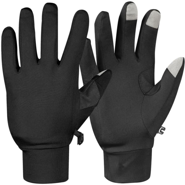 A pair of black knitted gloves with touch screen fingertips, featuring a logo on the wrist.