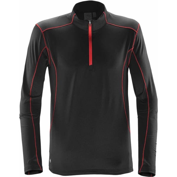 A men's pullover in navy and carbon, featuring long sleeves and a zip neck. It has contrasting red stitching.
