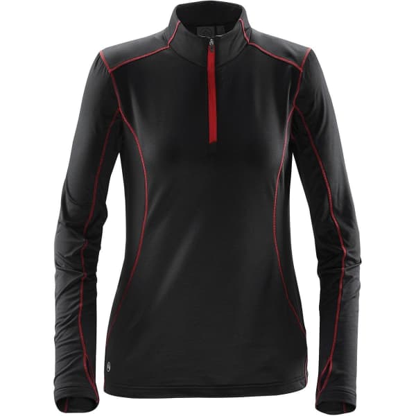 A black women's pullover with red accents and a half-zip neckline, featuring long sleeves and a logo.