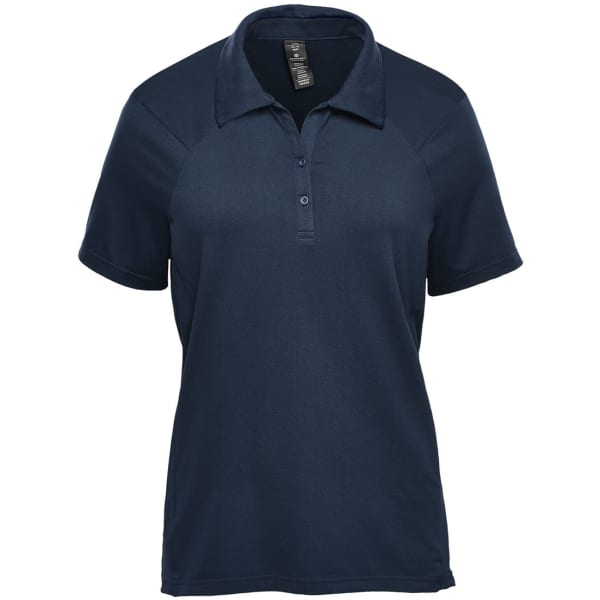 A navy blue women's polo shirt with a collar and short sleeves, featuring a logo.
