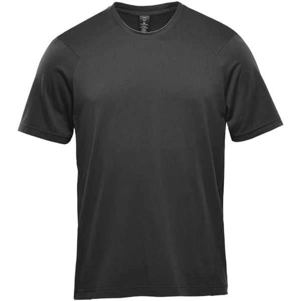 A dark grey short sleeve performance tee with a logo on the upper chest. Lightweight and breathable design.