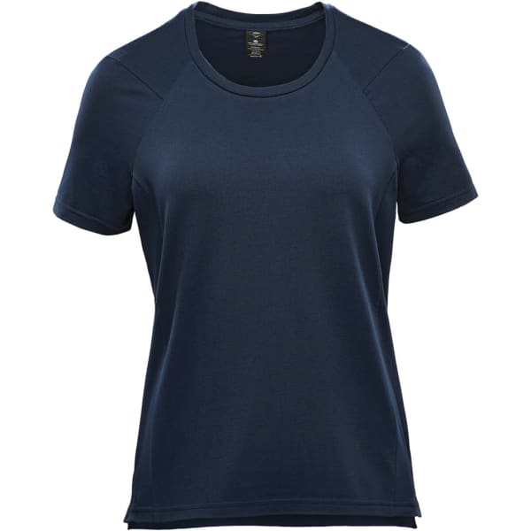 A navy blue women's short sleeve performance tee with a round neckline and raglan sleeves. It includes a logo.