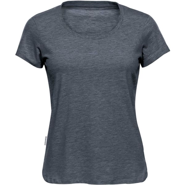A women's crew neck tee in denim heather, featuring short sleeves and a relaxed fit. It has a branding label.