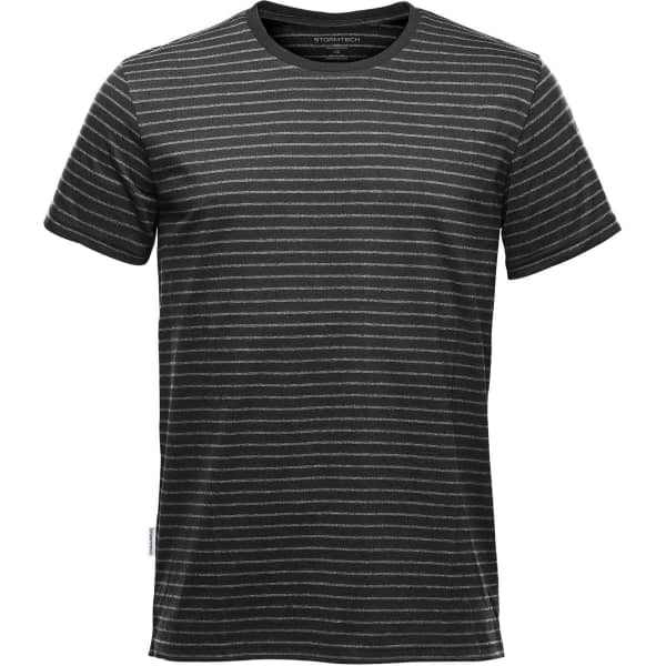 A black and grey striped crew tee with short sleeves and a logo label on the side.