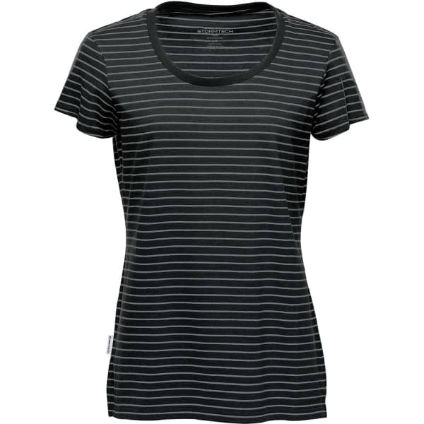 A women's black and grey striped T-shirt with short sleeves and a rounded neckline, featuring a logo.