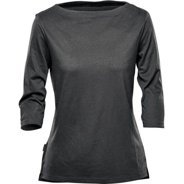 A women's 3/4 sleeve tee in dark grey, featuring a simple design and a logo on the side.