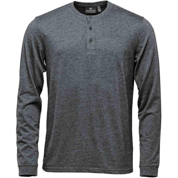A long-sleeved grey henley shirt featuring a buttoned neckline and a subtle logo. Suitable for casual wear.