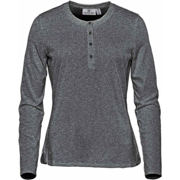 A long-sleeve Henley shirt in dark grey with a textured finish and button detailing at the neckline.